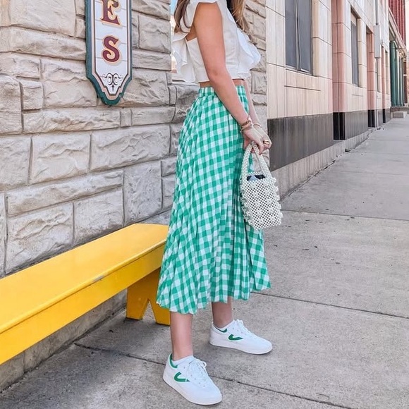 a new day Dresses & Skirts - a new day Green Gingham Midi Skirt Pleated Swishy Garden Party Fairy Skirt Small